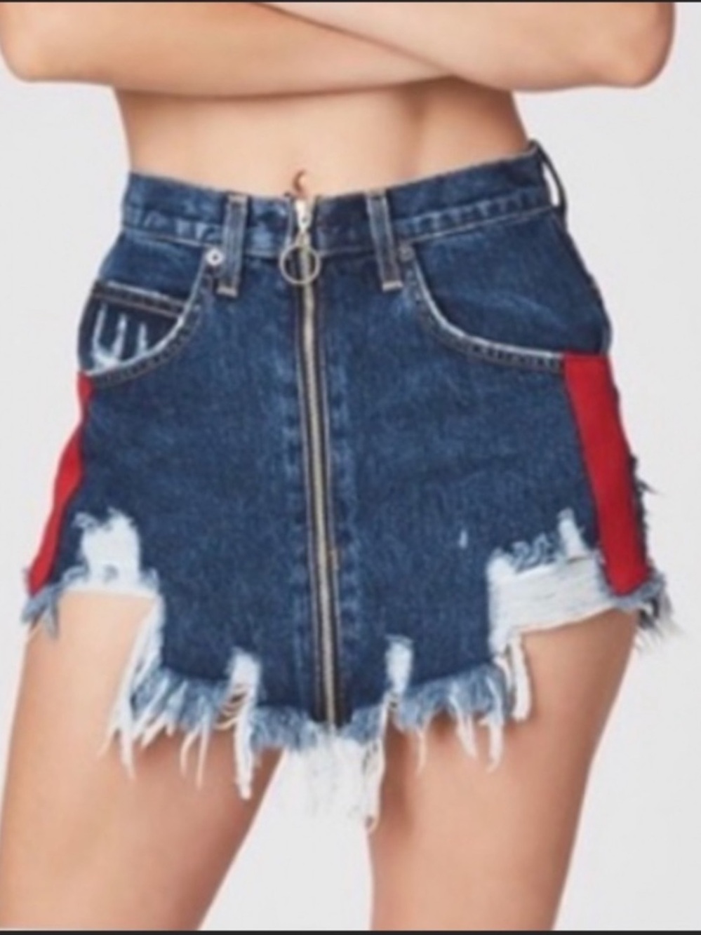 Carmar Beatrice Destroyed Red Stripe Denim Skirt